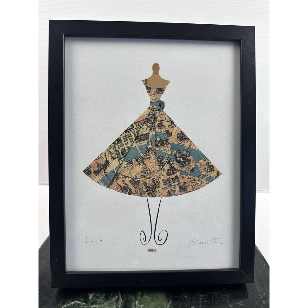 Vtg Folded Paris Map Dress Framed Fashion Art Print Signed Mary Lynn Blasutta